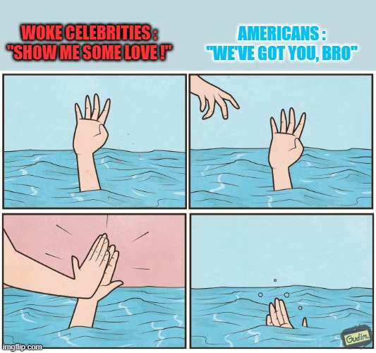 They're drowning in an ocean of sanity and morality. | WOKE CELEBRITIES :
"SHOW ME SOME LOVE !"; AMERICANS :

"WE'VE GOT YOU, BRO" | image tagged in high five drown | made w/ Imgflip meme maker