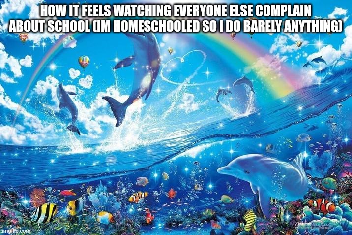 Happy dolphin rainbow | HOW IT FEELS WATCHING EVERYONE ELSE COMPLAIN ABOUT SCHOOL (IM HOMESCHOOLED SO I DO BARELY ANYTHING) | image tagged in happy dolphin rainbow | made w/ Imgflip meme maker