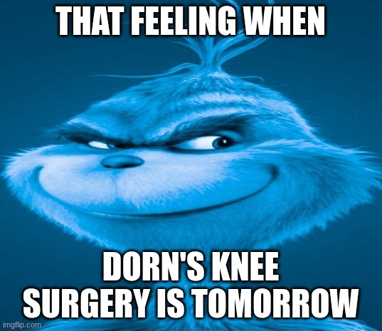 K N E E    S U R G E R Y | THAT FEELING WHEN; DORN'S KNEE SURGERY IS TOMORROW | image tagged in blue grinch | made w/ Imgflip meme maker