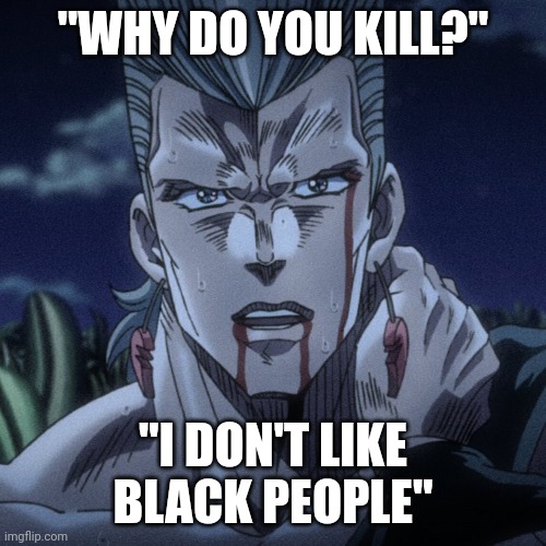 Polnareff | "WHY DO YOU KILL?" "I DON'T LIKE BLACK PEOPLE" | image tagged in polnareff | made w/ Imgflip meme maker