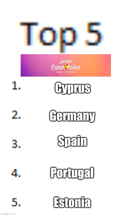 My Top 5 list for Junior Eurovision 2024 | Cyprus; Germany; Spain; Portugal; Estonia | image tagged in top 5 list,eurovision,jesc | made w/ Imgflip meme maker