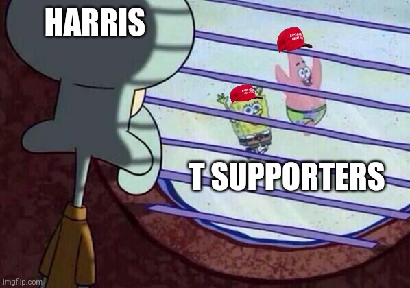 Squidward window | HARRIS; T SUPPORTERS | image tagged in politics lol,political meme,politics suck,trump supporters,trump sucks,political humor | made w/ Imgflip meme maker