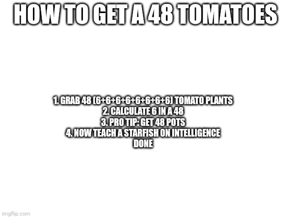 Follow for more Hard problems | HOW TO GET A 48 TOMATOES; 1. GRAB 48 (6+6+6+6+6+6+6+6) TOMATO PLANTS
2. CALCULATE 6 IN A 48
3. PRO TIP: GET 48 POTS
4. NOW TEACH A STARFISH ON INTELLIGENCE
DONE | image tagged in follow for more hard problems | made w/ Imgflip meme maker