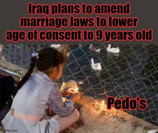 Does it include boys | Iraq plans to amend marriage laws to lower age of consent to 9 years old; Pedo's | made w/ Imgflip meme maker