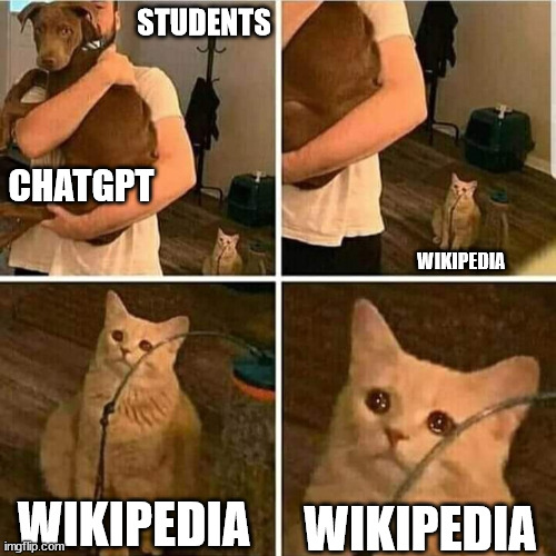 Sad Cat Holding Dog | STUDENTS; CHATGPT; WIKIPEDIA; WIKIPEDIA; WIKIPEDIA | image tagged in sad cat holding dog,memes,funny,chatgpt | made w/ Imgflip meme maker