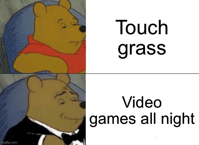 Games! | Touch grass; Video games all night | image tagged in memes,tuxedo winnie the pooh | made w/ Imgflip meme maker