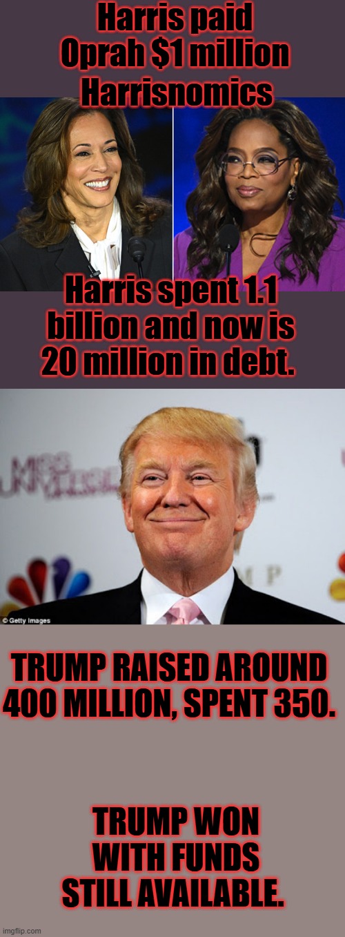 Proves when citizens organize & want change they can beat big money. If they have something worth fighting for & a leader | Harris paid Oprah $1 million; Harrisnomics; Harris spent 1.1 billion and now is 20 million in debt. TRUMP RAISED AROUND 400 MILLION, SPENT 350. TRUMP WON WITH FUNDS STILL AVAILABLE. | image tagged in donald trump approves | made w/ Imgflip meme maker