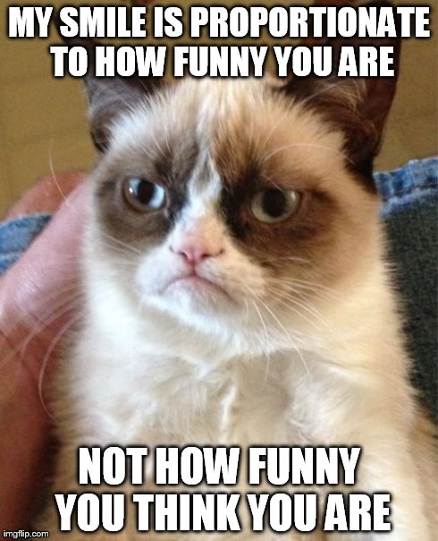 Grumpy Cat Meme | MY SMILE IS PROPORTIONATE TO HOW FUNNY YOU ARE NOT HOW FUNNY YOU THINK YOU ARE | image tagged in memes,grumpy cat | made w/ Imgflip meme maker
