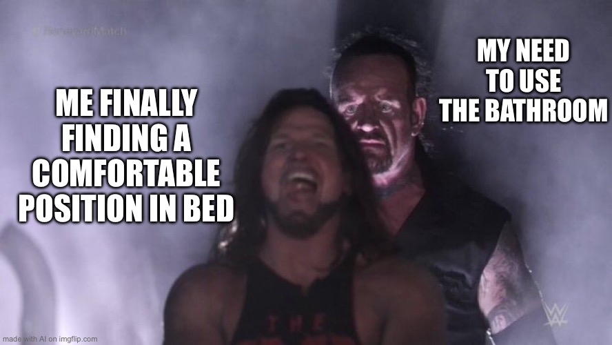 AJ Styles & Undertaker | MY NEED TO USE THE BATHROOM; ME FINALLY FINDING A COMFORTABLE POSITION IN BED | image tagged in aj styles undertaker | made w/ Imgflip meme maker