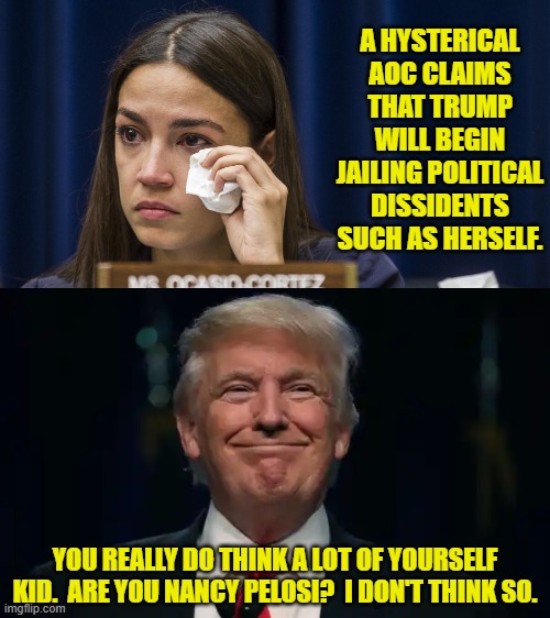 Nancy might have cause to worry, but a nobody like AOC?  Nope! | A HYSTERICAL AOC CLAIMS THAT TRUMP WILL BEGIN JAILING POLITICAL DISSIDENTS SUCH AS HERSELF. YOU REALLY DO THINK A LOT OF YOURSELF KID.  ARE YOU NANCY PELOSI?  I DON'T THINK SO. | image tagged in yep | made w/ Imgflip meme maker