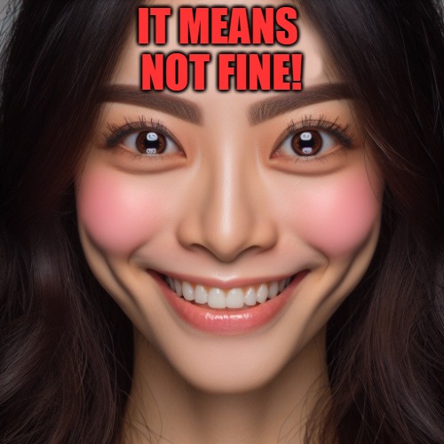 i know right? | IT MEANS 
NOT FINE! | image tagged in i know right | made w/ Imgflip meme maker