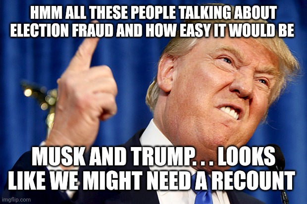 Honestly recount swing states | HMM ALL THESE PEOPLE TALKING ABOUT ELECTION FRAUD AND HOW EASY IT WOULD BE; MUSK AND TRUMP. . . LOOKS LIKE WE MIGHT NEED A RECOUNT | image tagged in donald trump | made w/ Imgflip meme maker