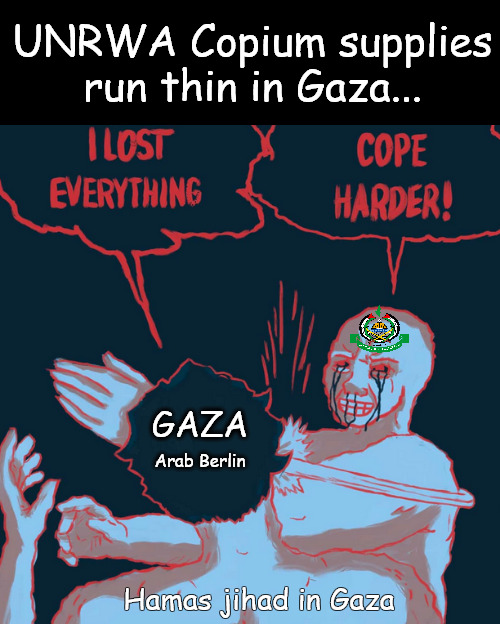 Every Arab defeat and loss of land to Israel requires a strong dose of Copium to the brain. | UNRWA Copium supplies run thin in Gaza... GAZA; Arab Berlin; Hamas jihad in Gaza | image tagged in memes,politics,gaza,hamas,israel | made w/ Imgflip meme maker