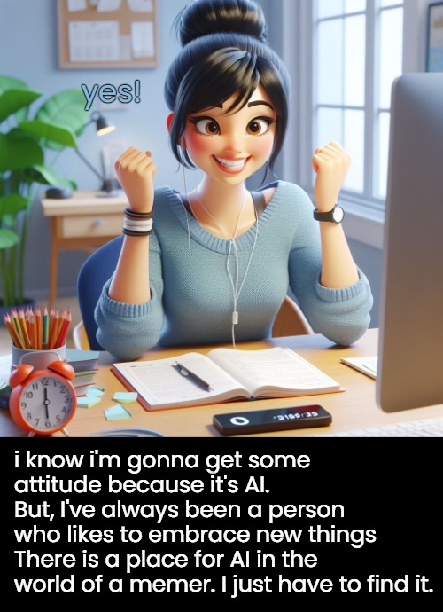 yes! i know i'm gonna get some attitude because it's AI.
But, I've always been a person 
who likes to embrace new things
There is a place fo | made w/ Imgflip meme maker