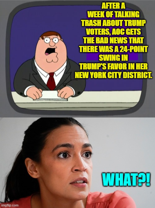 Careful AOC. Some of your far flung leftist chickens just might come home to roost. | AFTER A WEEK OF TALKING TRASH ABOUT TRUMP VOTERS, AOC GETS THE BAD NEWS THAT THERE WAS A 24-POINT SWING IN TRUMP'S FAVOR IN HER NEW YORK CITY DISTRICT. WHAT?! | image tagged in peter griffin news | made w/ Imgflip meme maker