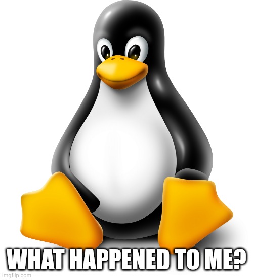 Linux Logo | WHAT HAPPENED TO ME? | image tagged in linux logo | made w/ Imgflip meme maker