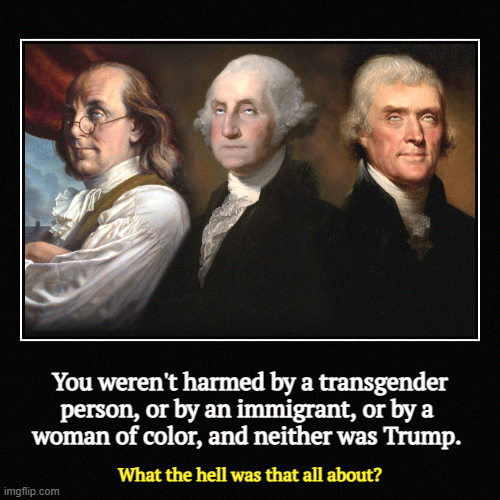 You weren't harmed by a transgender person, or by an immigrant, or by a 
woman of color, and neither was Trump. | What the hell was that all | image tagged in funny,demotivationals,founding fathers,trans,immigrant,black | made w/ Imgflip demotivational maker