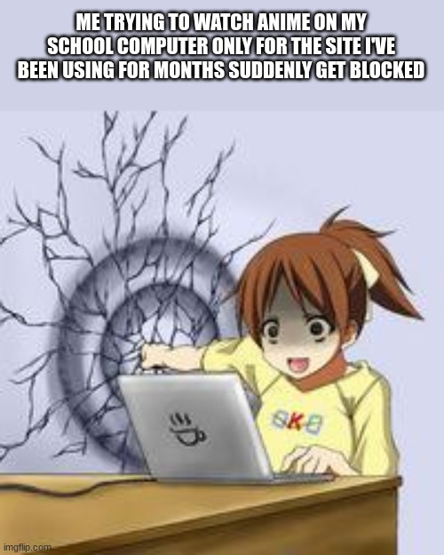 y'all got any places where I could watch anime for free? | ME TRYING TO WATCH ANIME ON MY SCHOOL COMPUTER ONLY FOR THE SITE I'VE BEEN USING FOR MONTHS SUDDENLY GET BLOCKED | image tagged in anime wall punch,fuck,stop reading the tags,help me | made w/ Imgflip meme maker