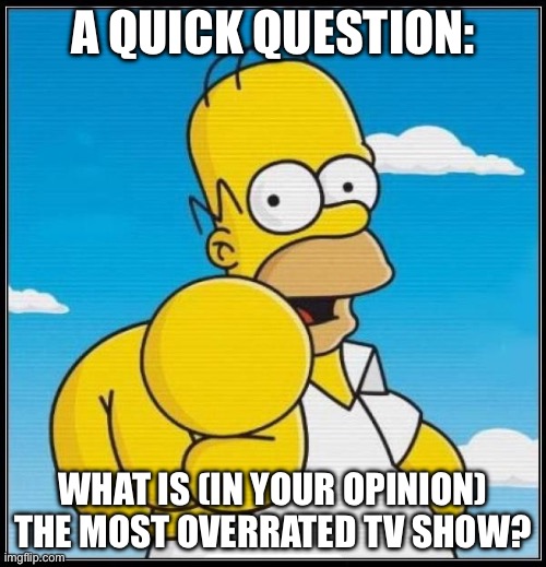 Homer Simpson Ultimate | A QUICK QUESTION:; WHAT IS (IN YOUR OPINION) THE MOST OVERRATED TV SHOW? | image tagged in homer simpson ultimate | made w/ Imgflip meme maker