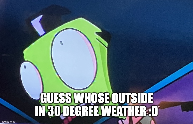 I’m definitely not freezing my ass off :D | GUESS WHOSE OUTSIDE IN 30 DEGREE WEATHER :D | image tagged in zim surprised | made w/ Imgflip meme maker