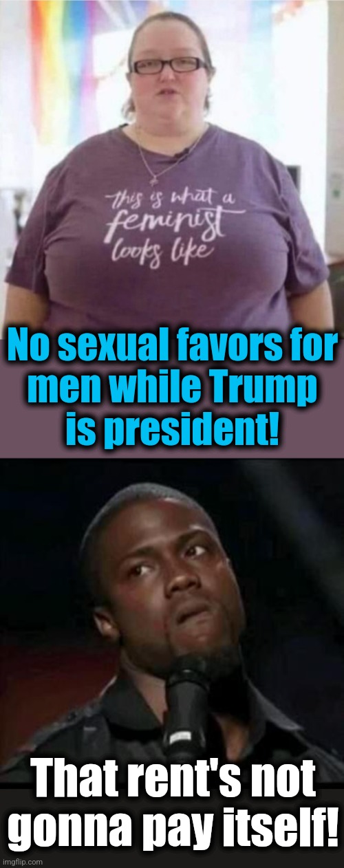 No sexual favors for
men while Trump
is president! That rent's not
gonna pay itself! | image tagged in kevin hart,memes,feminist,democrats,donald trump | made w/ Imgflip meme maker