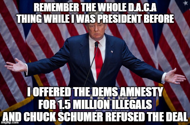 Donald Trump | REMEMBER THE WHOLE D.A.C.A THING WHILE I WAS PRESIDENT BEFORE; I OFFERED THE DEMS AMNESTY FOR 1.5 MILLION ILLEGALS AND CHUCK SCHUMER REFUSED THE DEAL | image tagged in donald trump | made w/ Imgflip meme maker