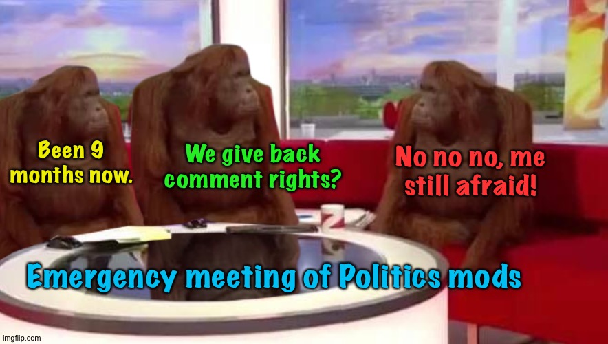 This travesty gone on long enough? | Been 9 months now. We give back comment rights? No no no, me still afraid! Emergency meeting of Politics mods | image tagged in where monkey | made w/ Imgflip meme maker