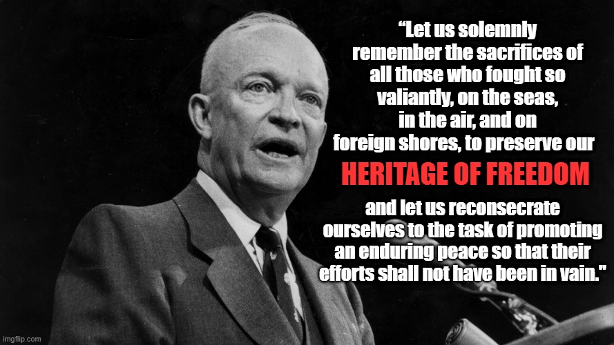 Eisenhower Heritage of Freedom | “Let us solemnly remember the sacrifices of all those who fought so valiantly, on the seas, in the air, and on foreign shores, to preserve our; HERITAGE OF FREEDOM; and let us reconsecrate ourselves to the task of promoting an enduring peace so that their efforts shall not have been in vain." | image tagged in eisenhower,heritage,freedom,veterans day,nonsense,american history | made w/ Imgflip meme maker