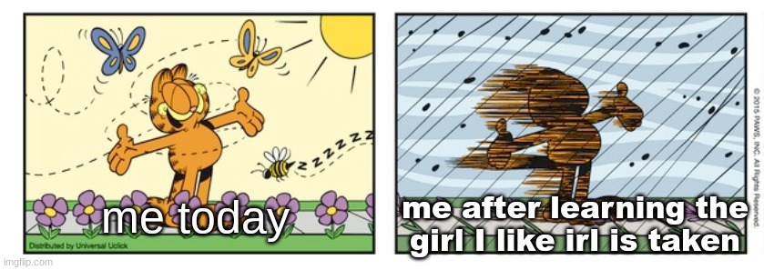 "oh." | me after learning the girl I like irl is taken; me today | image tagged in garfield expectation reality | made w/ Imgflip meme maker