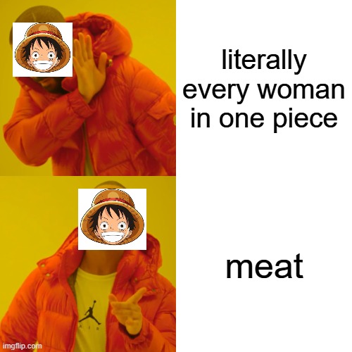 Drake Hotline Bling | literally every woman in one piece; meat | image tagged in memes,drake hotline bling | made w/ Imgflip meme maker