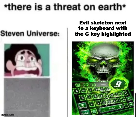 *There is a threat on earth* | Evil skeleton next to a keyboard with the G key highlighted | image tagged in there is a threat on earth | made w/ Imgflip meme maker