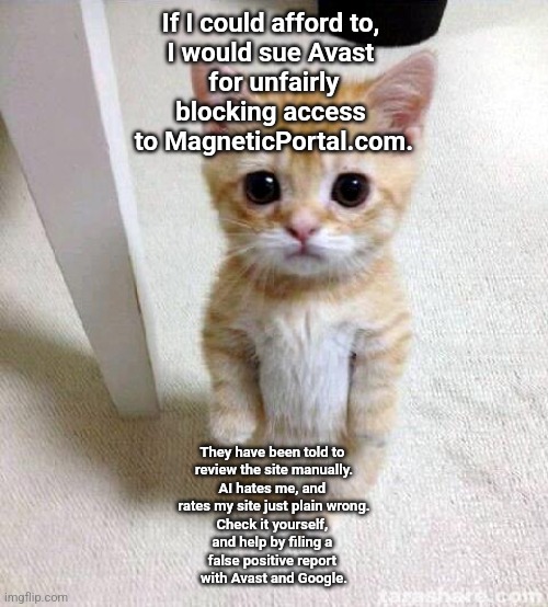 False Positive BS | If I could afford to, 
I would sue Avast 
for unfairly
blocking access 
to MagneticPortal.com. They have been told to 
review the site manually.
AI hates me, and 
rates my site just plain wrong.

Check it yourself, 
and help by filing a 
false positive report 
with Avast and Google. | image tagged in memes,cute cat | made w/ Imgflip meme maker