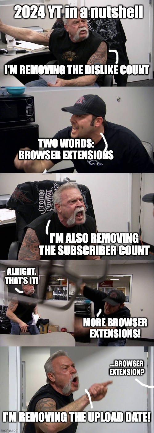 Am I right or what | 2024 YT in a nutshell; I'M REMOVING THE DISLIKE COUNT; TWO WORDS: BROWSER EXTENSIONS; I'M ALSO REMOVING THE SUBSCRIBER COUNT; ALRIGHT, THAT'S IT! MORE BROWSER EXTENSIONS! ...BROWSER EXTENSION? I'M REMOVING THE UPLOAD DATE! | image tagged in memes,american chopper argument | made w/ Imgflip meme maker