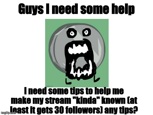 the stream is called "space_time_boi" | Guys I need some help; I need some tips to help me make my stream "kinda" known (at least it gets 30 followers) any tips? | image tagged in help me,help,me | made w/ Imgflip meme maker