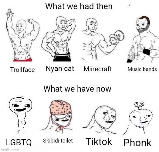 Seriously, what happened to society? | What we had then; Music bands; Nyan cat; Minecraft; Trollface; What we have now; Skibidi toilet; Tiktok; LGBTQ; Phonk | image tagged in x in the past vs x now | made w/ Imgflip meme maker