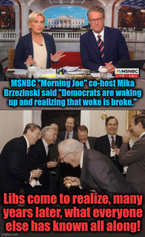 MSNBC: "woke is broke!" | MSNBC "Morning Joe" co-host Mika Brzezinski said "Democrats are waking up and realizing that woke is broke."; Libs come to realize, many
years later, what everyone
else has known all along! | image tagged in memes,laughing men in suits,msnbc,woke,democrats,election 2024 | made w/ Imgflip meme maker