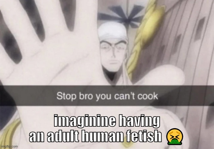 Stop bro you can't cook | imaginine having an adult human fetish 🤮 | image tagged in stop bro you can't cook | made w/ Imgflip meme maker