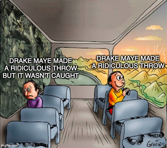 Sad guy Happy guy bus | DRAKE MAYE MADE A RIDICULOUS THROW; DRAKE MAYE MADE A RIDICULOUS THROW BUT IT WASN'T CAUGHT | image tagged in sad guy happy guy bus | made w/ Imgflip meme maker