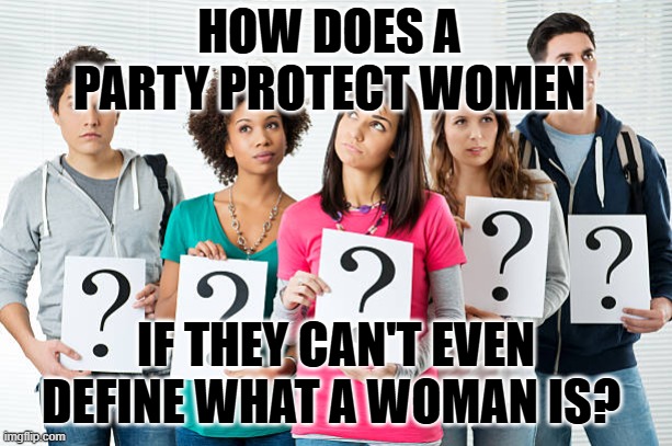 how does a party protect women | HOW DOES A PARTY PROTECT WOMEN; IF THEY CAN'T EVEN DEFINE WHAT A WOMAN IS? | made w/ Imgflip meme maker