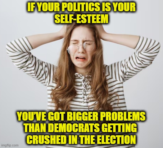 Maybe it’s time to get a life | IF YOUR POLITICS IS YOUR
SELF-ESTEEM; YOU’VE GOT BIGGER PROBLEMS
THAN DEMOCRATS GETTING 
CRUSHED IN THE ELECTION | image tagged in crying democrats | made w/ Imgflip meme maker