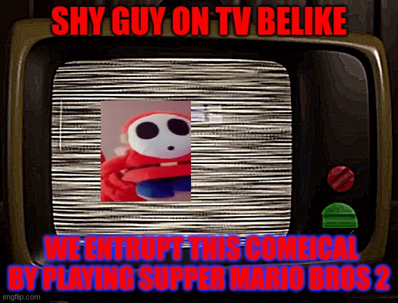 Games | SHY GUY ON TV BELIKE; WE ENTRUPT THIS COMEICAL BY PLAYING SUPPER MARIO BROS 2 | image tagged in funny memes | made w/ Imgflip meme maker