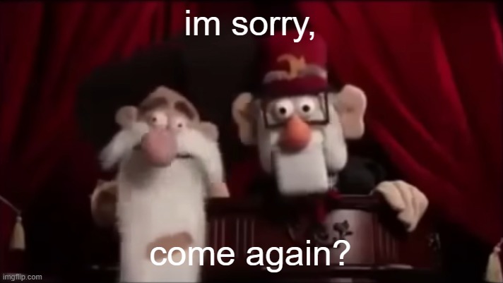 Stan and Mcguckit: Muppet edition | im sorry, come again? | image tagged in stan and mcgukit muppet edition | made w/ Imgflip meme maker