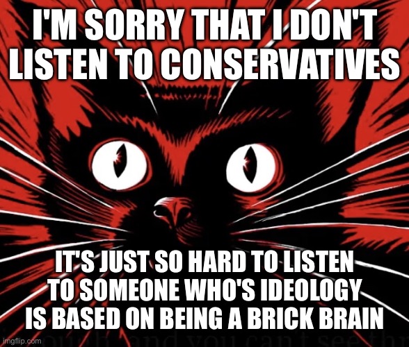 Brick brain | I'M SORRY THAT I DON'T LISTEN TO CONSERVATIVES; IT'S JUST SO HARD TO LISTEN TO SOMEONE WHO'S IDEOLOGY IS BASED ON BEING A BRICK BRAIN | image tagged in sabo tabby cat,conservative,conservatives | made w/ Imgflip meme maker