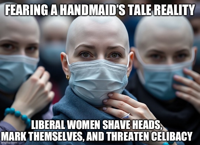 Fighting a Handmaids Tale the smart way | FEARING A HANDMAID’S TALE REALITY; LIBERAL WOMEN SHAVE HEADS, MARK THEMSELVES, AND THREATEN CELIBACY | image tagged in 4b,kamala harris,sexless,women,liberal,hadmaids tale | made w/ Imgflip meme maker