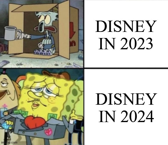 no only the inside out 2 was a huge success but also Moana 2 | DISNEY IN 2023; DISNEY IN 2024 | image tagged in poor squidward vs rich spongebob,walt disney,disney,moana,inside out,pixar | made w/ Imgflip meme maker