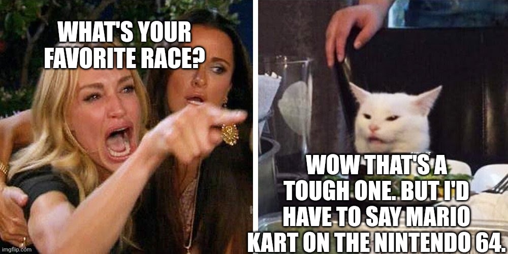 Smudge that darn cat with Karen | WHAT'S YOUR FAVORITE RACE? WOW THAT'S A TOUGH ONE. BUT I'D HAVE TO SAY MARIO KART ON THE NINTENDO 64. | image tagged in smudge that darn cat with karen | made w/ Imgflip meme maker