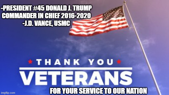 FREEDOM & LIBERTY Ever Vigilant so Citizens can be CAREFREE | -PRESIDENT #45 DONALD J. TRUMP
COMMANDER IN CHIEF 2016-2020

-J.D. VANCE, USMC; FOR YOUR SERVICE TO OUR NATION | image tagged in veteran's day,us military,military humor,us army,us navy,president trump | made w/ Imgflip meme maker