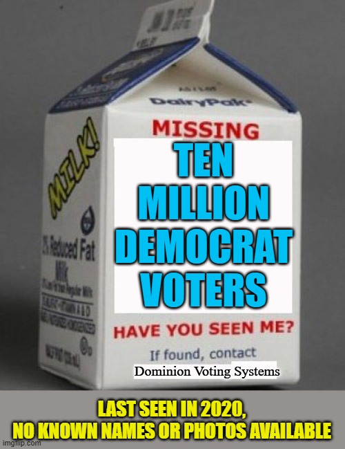 Maybe they were abducted by aliens | TEN MILLION DEMOCRAT VOTERS; Dominion Voting Systems; LAST SEEN IN 2020,
NO KNOWN NAMES OR PHOTOS AVAILABLE | image tagged in milk carton,democrats,voter fraud,election 2020 | made w/ Imgflip meme maker