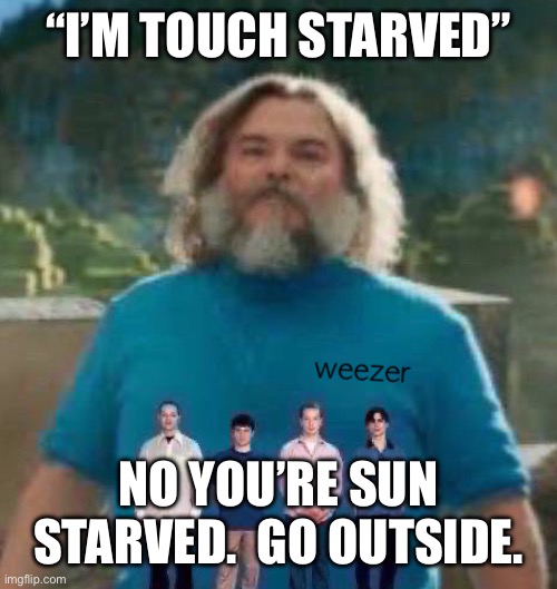 I am Steve weezer | “I’M TOUCH STARVED”; NO YOU’RE SUN STARVED.  GO OUTSIDE. | image tagged in i am steve weezer | made w/ Imgflip meme maker