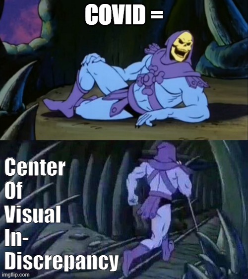 COVID = | COVID =; Center
Of
Visual
In-
Discrepancy | image tagged in skeletor disturbing facts,covid,centers | made w/ Imgflip meme maker